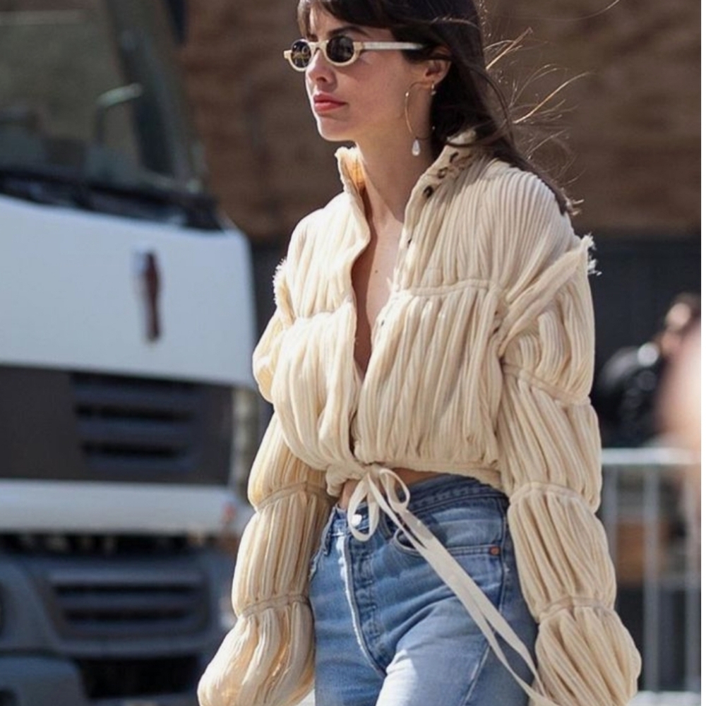 Cream Textured Bomber Jacket - Women